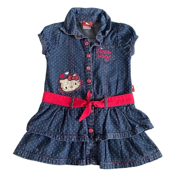 Hello Kitty Girls Denim Dress Size 6 Blue Polka Dot Pink Belt Embroidered READ - Picture 10 of 10